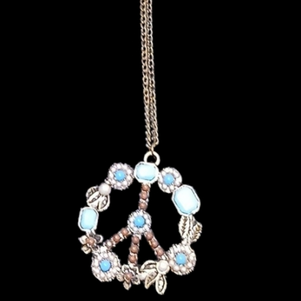 Necklace - Vintage Peace Sign Necklace W/ Multi Colored Beads Floral Pattern,... - Picture 7 of 7